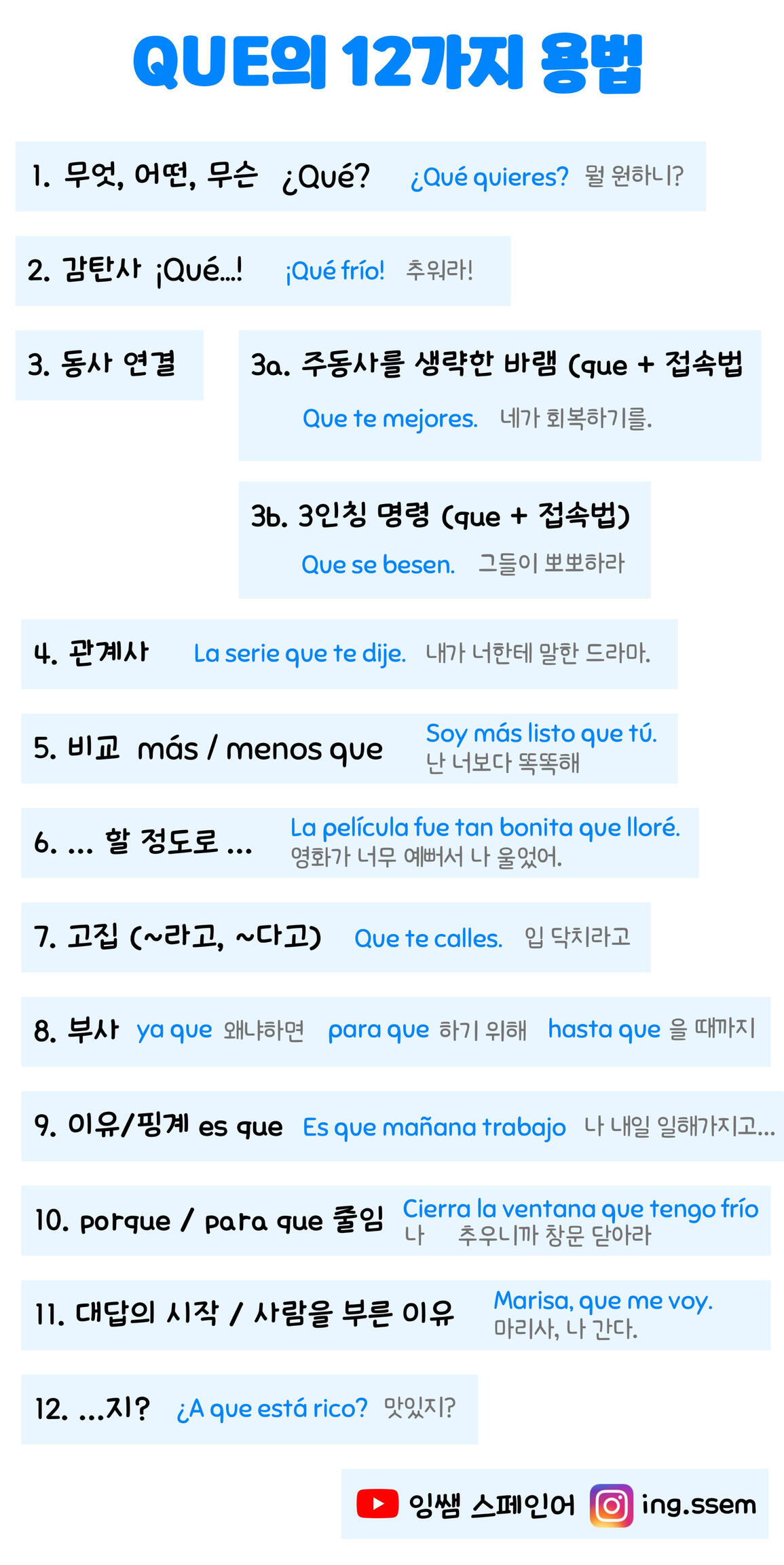 스페인어 QUE의 여러가지 사용법과 의미 기초 초보자 학습 자료 잉쌤 Ingssem