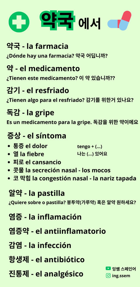 스페인어 약국에서 사용하는 어휘 기초 초보자 학습 자료 잉쌤 Ingssem